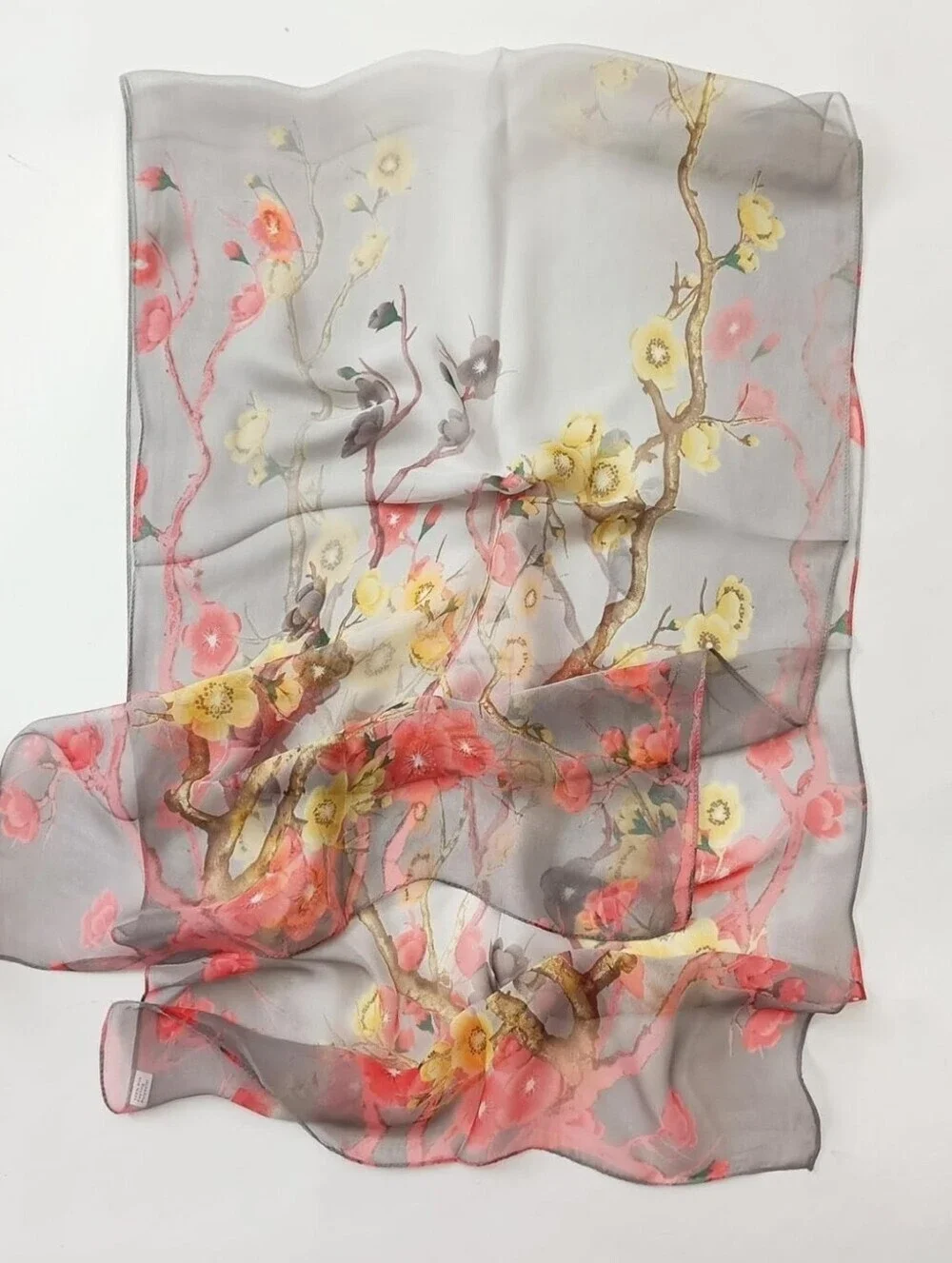 Pink Cherry Blossom Yellow Floral Lightweight Scarf Chiffon Shawl Wrap 63